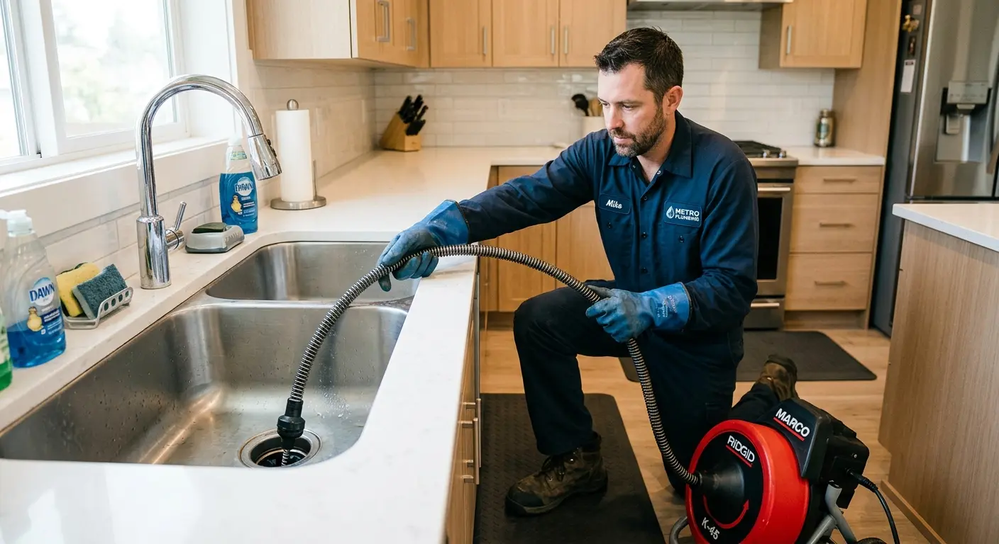 Drain cleaning technician using a motorized snake on a kitchen sink in Grand Blanc