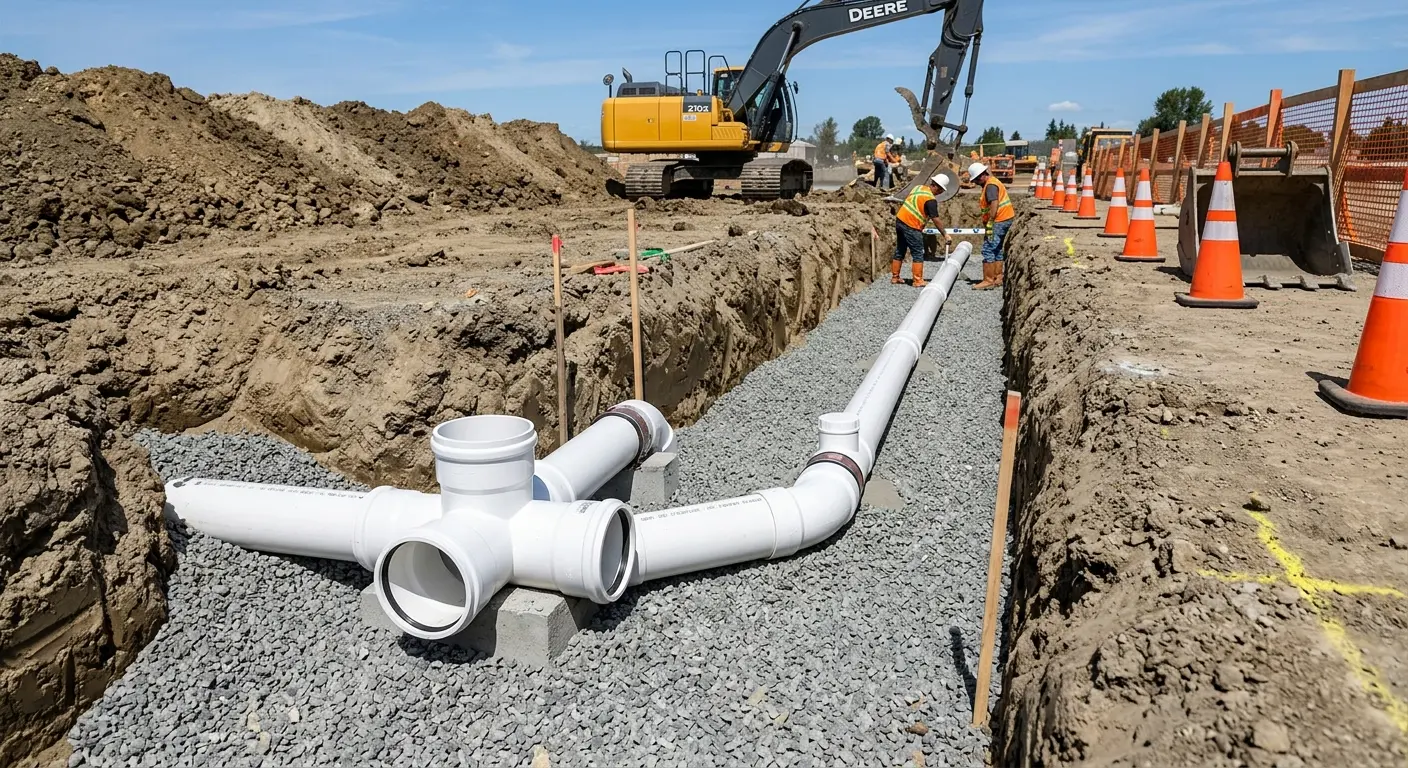New PVC sewer pipe installation in open trench for Sewer Backup in Grand Blanc