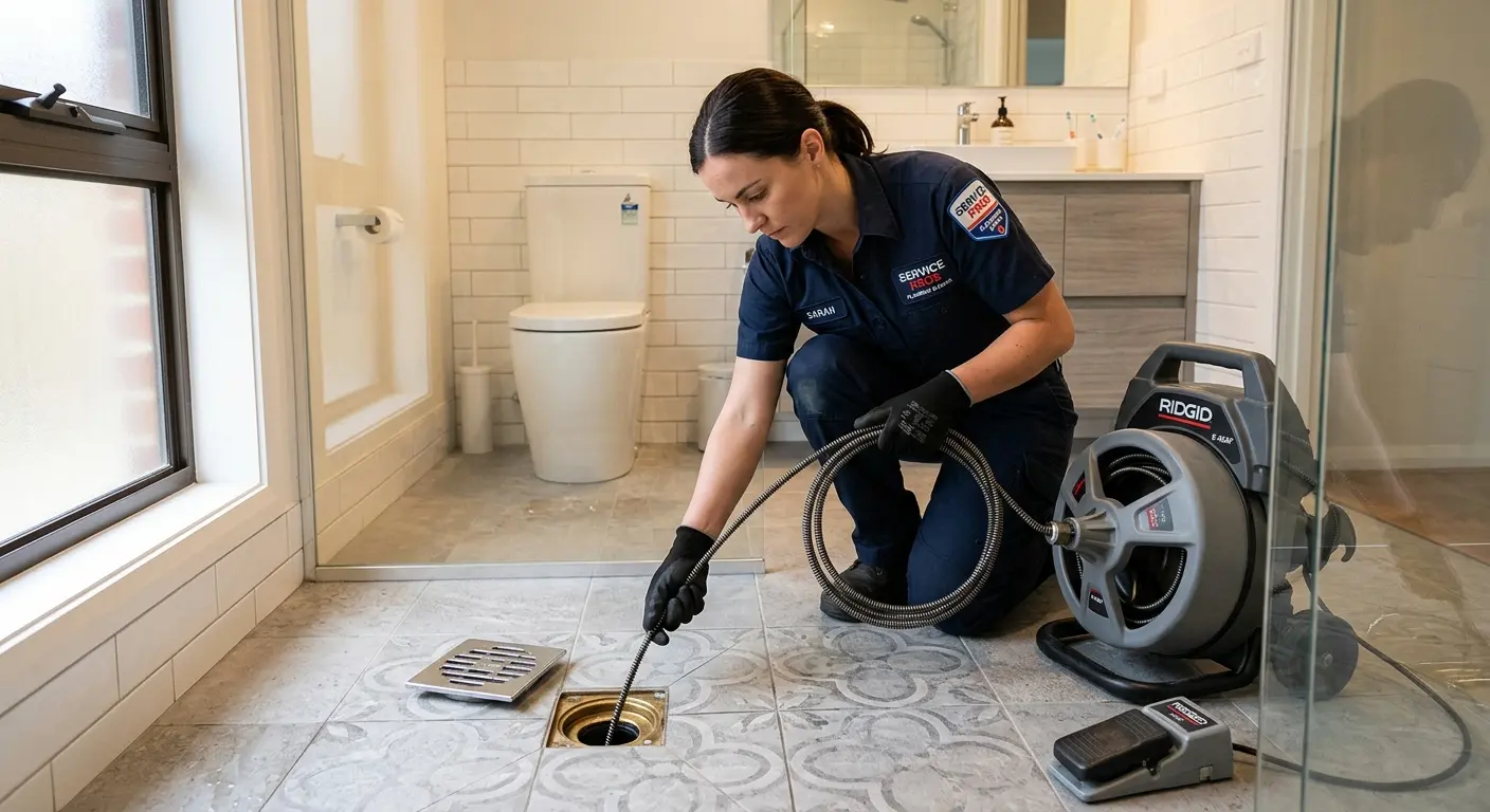 Technician clearing a bathroom floor drain for Drain Cleaning in Grand Blanc